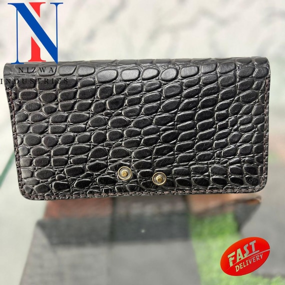Black Crocodile Leather Wallet: Handmade Slim Card Holder Clutch