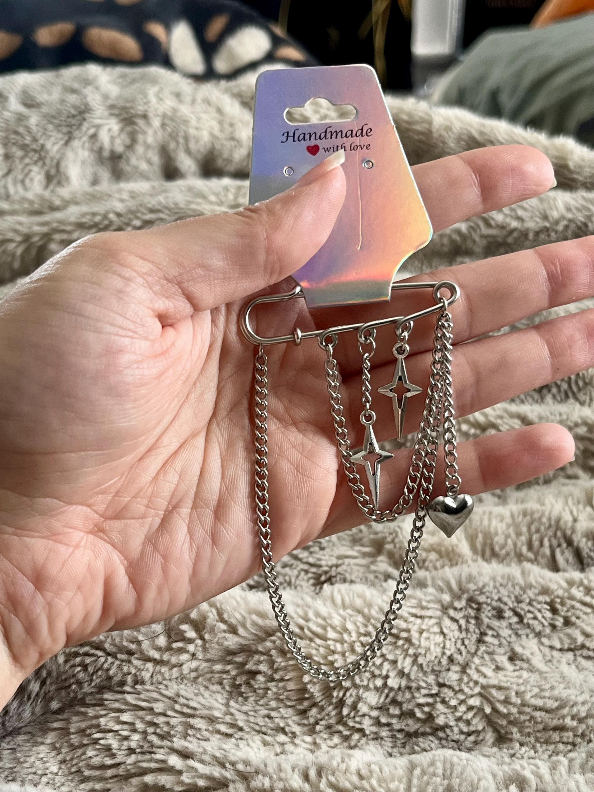 North Star Safety Pin Handcrafted Brooch | Punk Goth Alt Accessory | Star | Heart | Chain Brooch | Bag Charm | Celestial | Fashion | Edgy