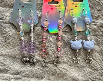 Handmade Cute Y2K Aesthetic Dangle Earrings | Star | Bow | Teddy Bear | Hearts | Assorted Colors | Bead Earrings | Whimsy | Silver | 2pcs