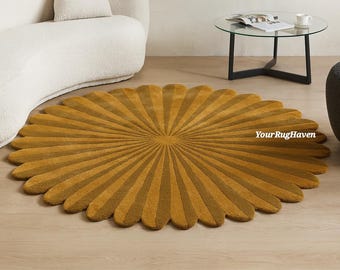 Hand-Tufted Wool Rug – Golden Sunburst, Round Boho Carpet