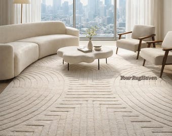 Hand-Tufted Ivory Wool Rug | Modern Geometric Plush Area Carpet