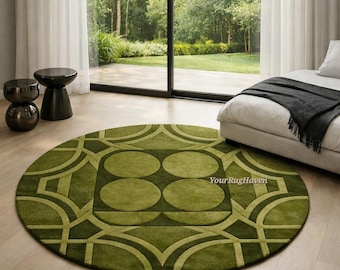 Alfombra de lana verde tejida a mano: moderna alfombra redonda Art Déco