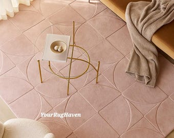 Hand-Tufted Wool Rug: Blush Pink Geometric Area Rug