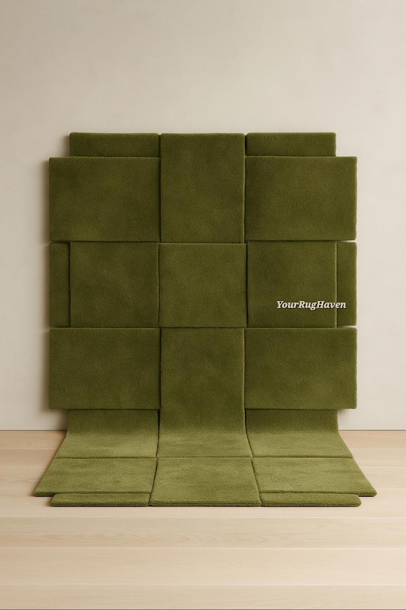 Hand-Tufted Olive Green Wool Rug: Modern Geometric Carpet