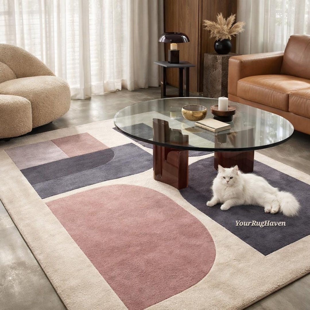Hand Tufted Wool Area Rug – Modern Abstract Blush & Charcoal - Etsy