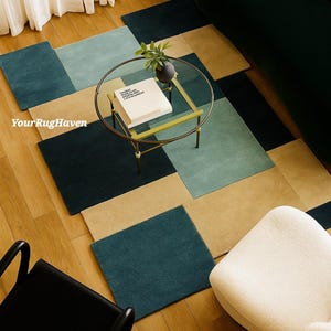 Hand-Tufted Wool Rug: Modern Geometric Teal, Beige & Navy