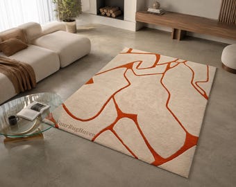 Hand Tufted Wool Rug – Abstract Beige Terracotta Area Rug, Modern Living Room Carpet