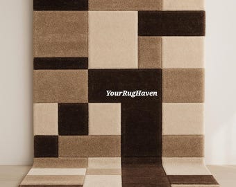 Handgetuft wollen vloerkleed: modern bruinbeige geruit geometrisch ontwerp