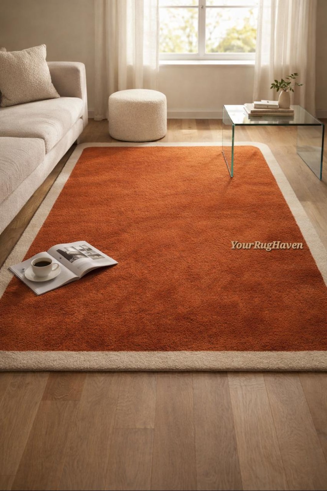Hand Tufted Terracotta Wool Rug – New Zealand Wool Area, Cream Border ...