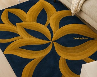 Hand-Tufted New Zealand Wool Rug | Navy & Gold Floral Design