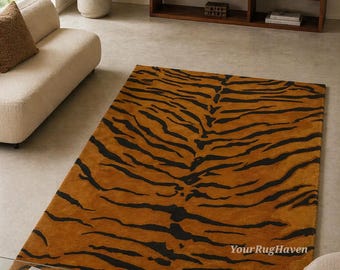 Hand-Tufted Wool Tiger Print Rug: Modern Animal Stripe Carpet