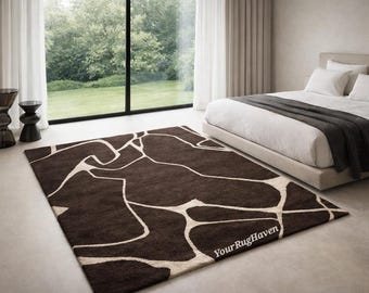Hand Tufted Wool Rug – Deep Brown Beige Abstract Modern Area Carpet