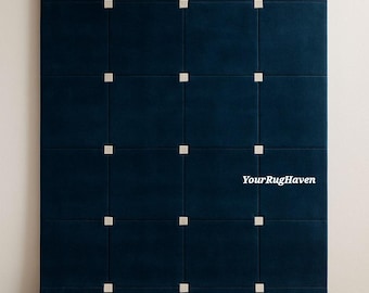 Alfombra de lana tejida a mano: cuadrícula azul marino, lujo moderno.