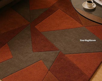 Hand-Tufted New Zealand Wool Rug – Geometric Rust & Charcoal Carpet