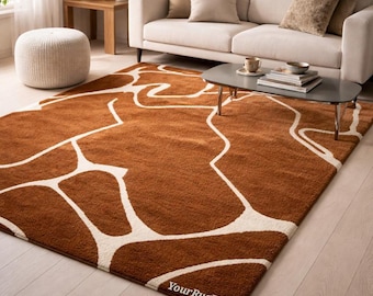 Hand Tufted New Zealand Wool Rug – Dark Caramel Brown Abstract Area Carpet
