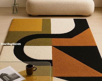 Tapis en laine touffeté main – Moquette moderne Mid-Century à motif géométrique
