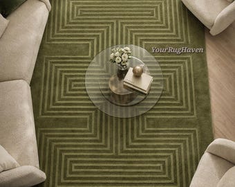 Olive Green Geometric Hand-Tufted Wool Rug – Sculpted Abstract Area Carpet