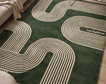 Hand Tufted Wool Rug – Abstract Geometric Green and Ivory