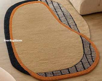 Alfombra de lana neozelandesa tejida a mano / Alfombra abstracta con formas orgánicas