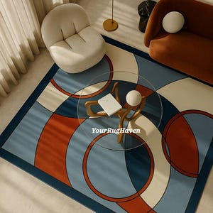 Hand-Tufted Wool Rug – Modern Geometric Area Rug in Blue, Rust & Cream | Mid-Century Abstract Design | Cozy, Stylish Wool Carpet