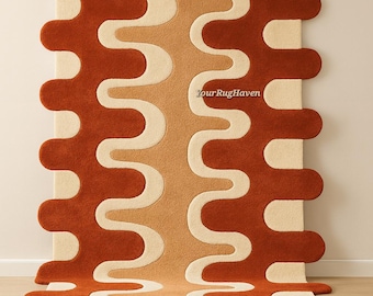 Tapis en laine touffeté main : motif vague orange rétro Mid-Century