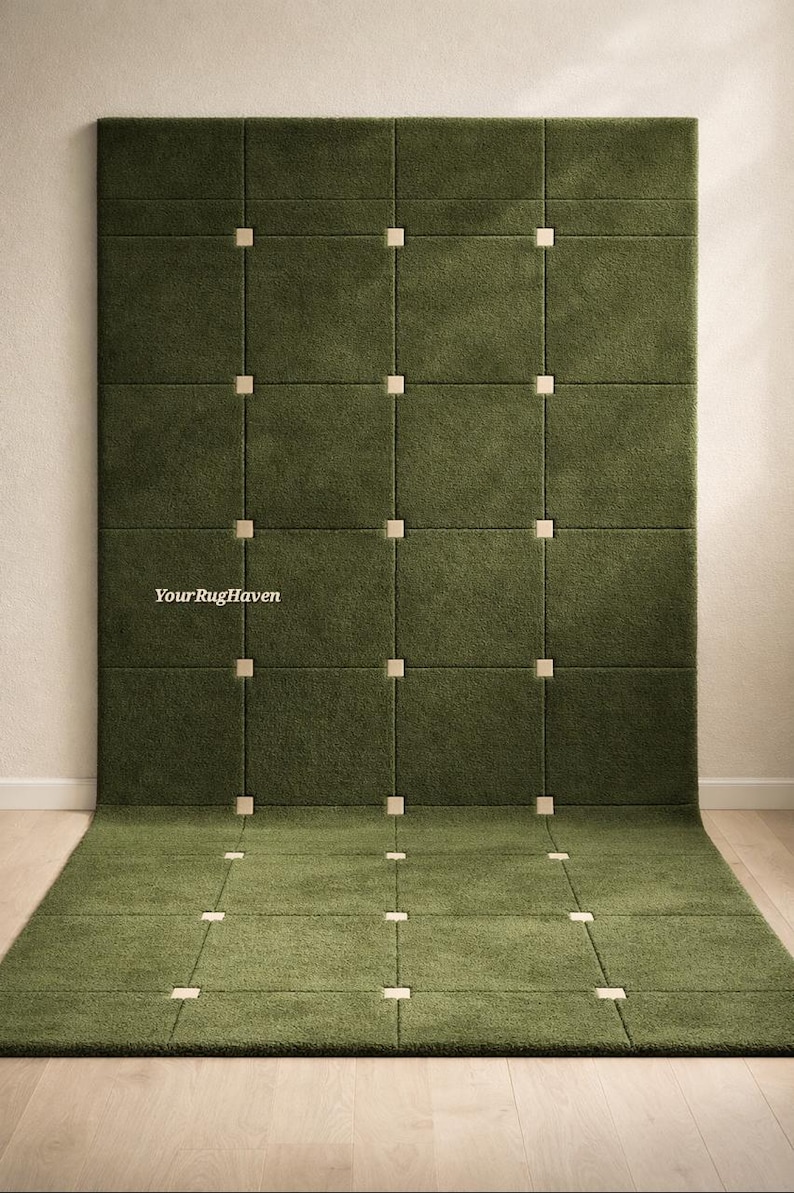 Specified Rug Hand Tufted Wool Rug – Olive Green Geometric Grid, Custom Size - Etsy