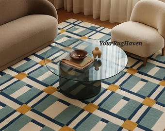 Hand-Tufted Wool Rug: Modern Geometric Grid, Teal Navy Mustard
