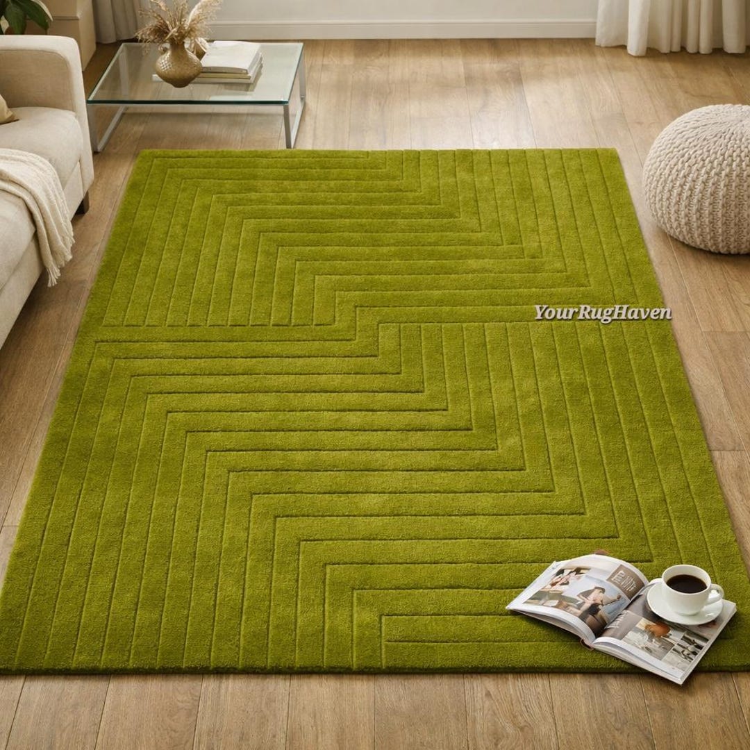Hand-tufted Olive Green Wool Rug: Modern Geometric Design - Etsy