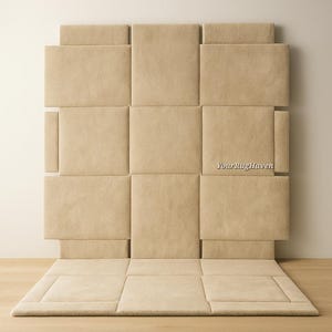 May include: Beige upholstered headboard and rug set. The headboard is composed of square panels, with a matching rug at the base. The text "YourRugHaven" is visible on the headboard. The set is on a light wood floor.