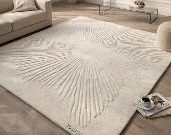 Hand Tufted Ivory Wool Rug – Sculpted Sunburst, Modern Minimalist