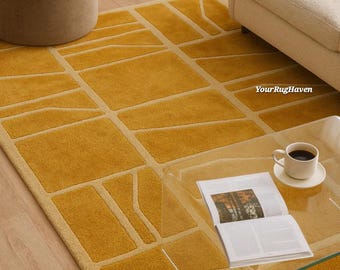 Mustard Geometric Wool Rug – Hand-Tufted New Zealand Carpet