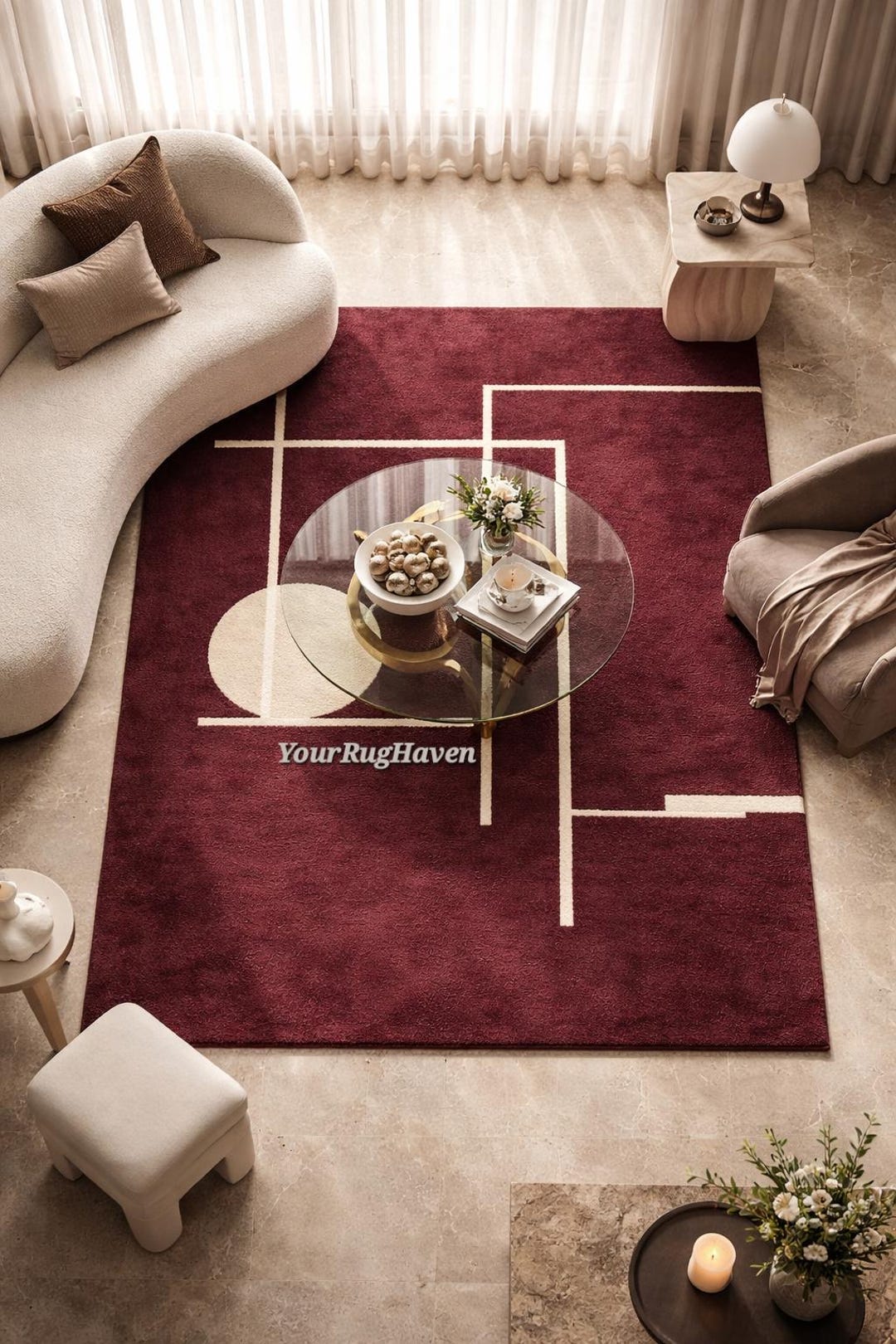 Hand Tufted Wool Rug – Modern Burgundy Geometric Carpet, New Zealand ...