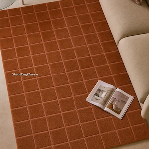 Hand-Tufted Wool Rug | Terracotta Burnt Orange Grid Design