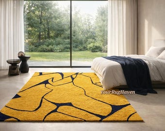 Hand Tufted Wool Rug – Mustard Yellow Navy Abstract Contemporary Home Décor