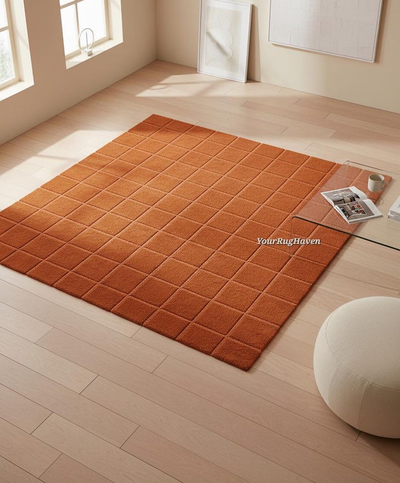 Hand-tufted Wool Rug | Terracotta Burnt Orange Grid Design - Etsy