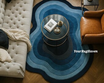 Hand-Tufted Wool Rug: Modern Blue Wave Design, Plush Accent Rug