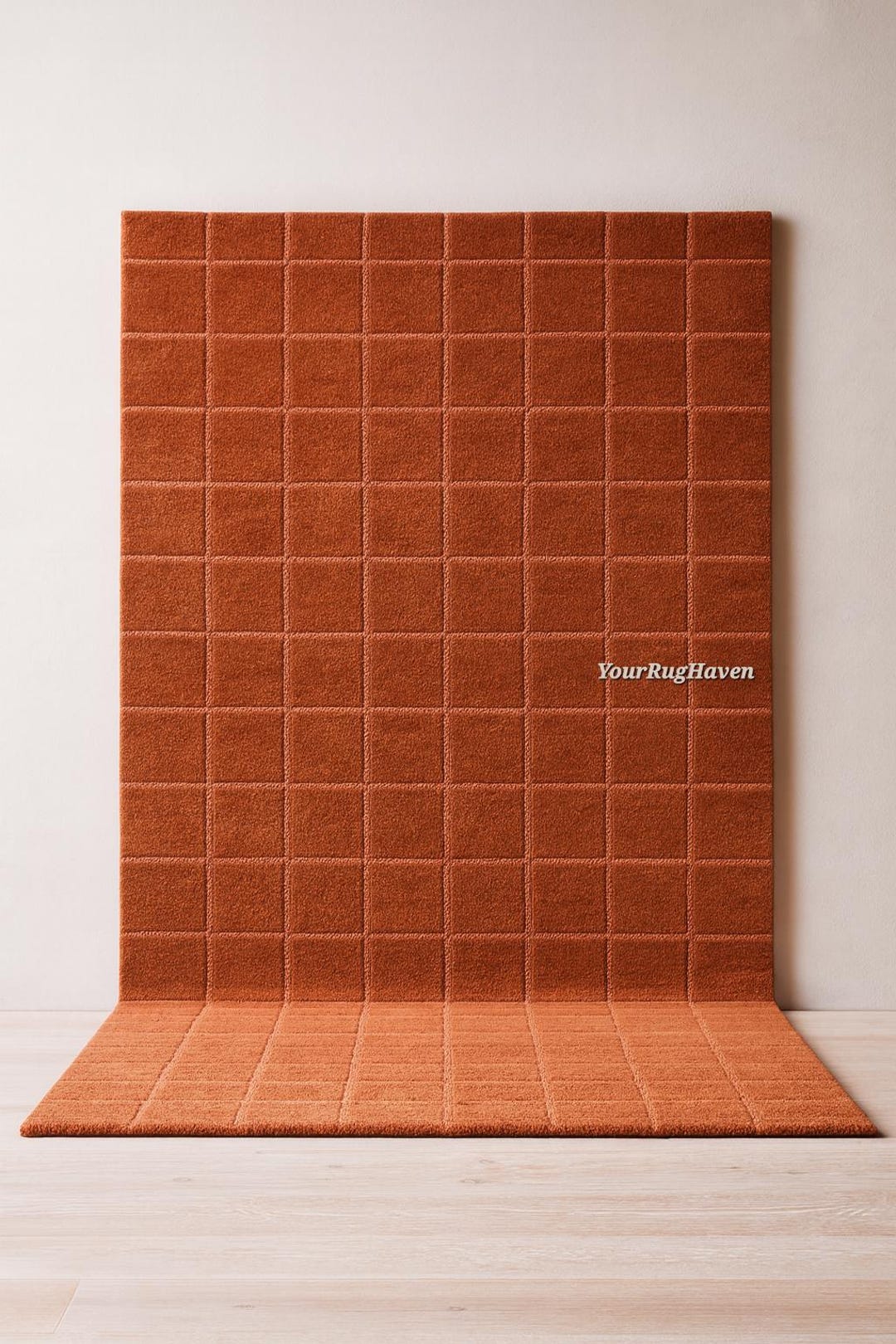 Hand-tufted Wool Rug | Terracotta Burnt Orange | Modern Grid Design ...