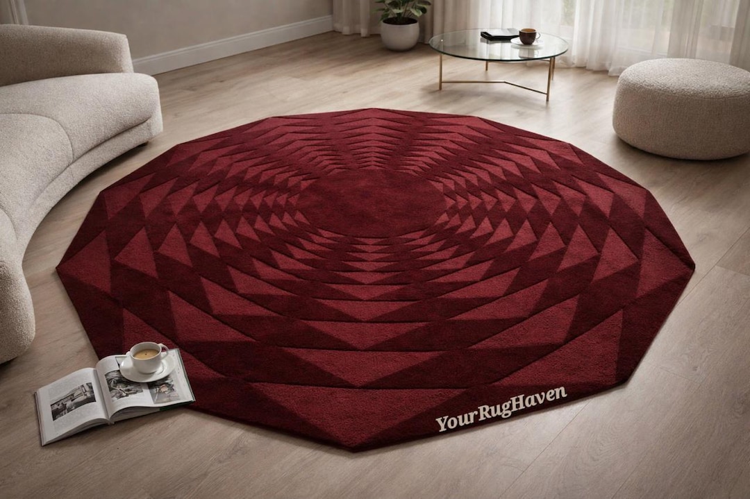 Hand-tufted Wool Octagon Rug | Burgundy 3D Geometric Carpet - Etsy