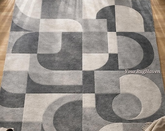 Hand-Tufted Wool Rug | Modern Geometric Grey Ivory Carpet