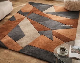 Tappeto in lana annodato a mano / Design geometrico astratto in terracotta