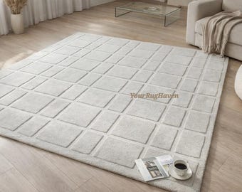 Hand-Tufted Wool Rug – Modern Sculpted Grid Ivory Area Rug
