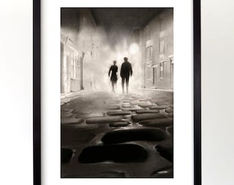 Ilustração de fantasma gótico desenhado à mão com lápis de carvão em moldura preta ecológica