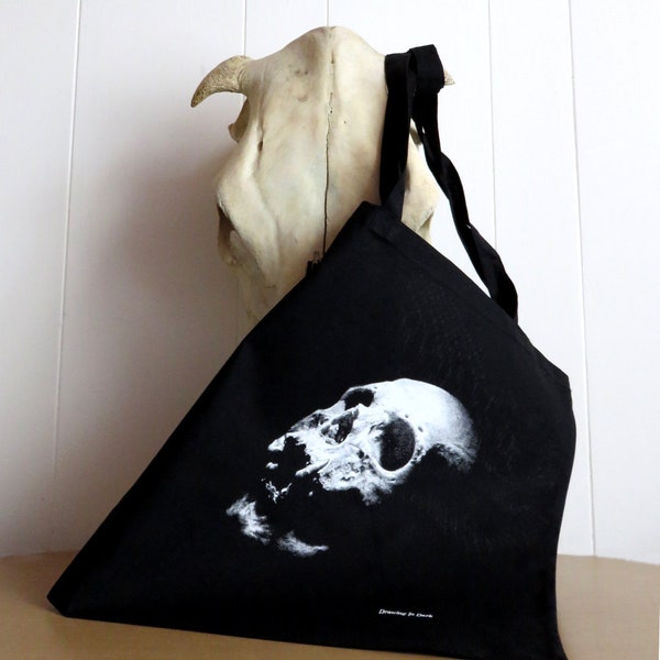 Human skull black tote bag, gothic bag, skull bag, book bag, skull print, skull art, gift for goth, trick or treat, halloween, project bag