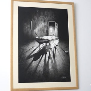 Stephen Under The Bed horror art print, monster under the bed drawing, gothic decor, framed