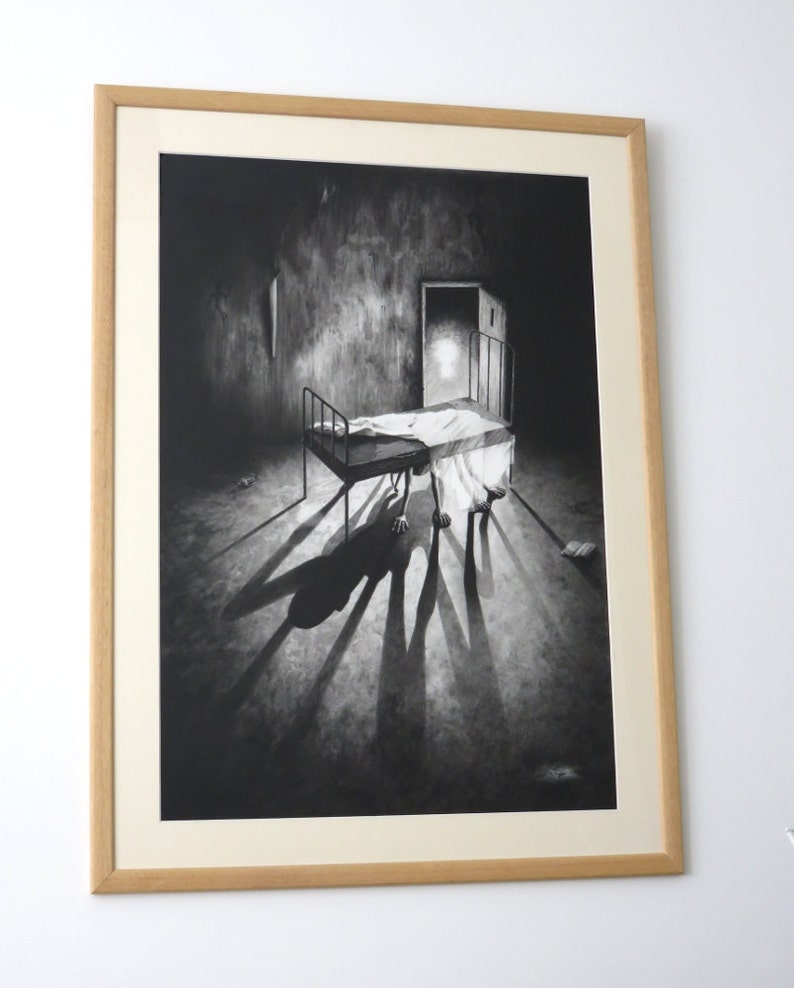 Stephen Under The Bed horror art print, monster under the bed drawing, gothic decor, framed