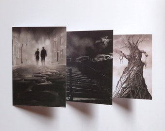 Tales in Sombre Tones cards pack of 3 , horror card, fantasy card, monster card, halloween card, gothic drawing. gothic illustration, gothic