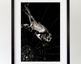 The Borrower giclee print,  illustration. Horror art, gothic art, horror illustration,graveyard guardian, cobweb drawing, cobweb art, skull