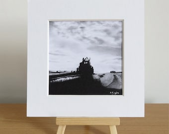 Limited edition signed Whitby abbey landscape print, hand numbered, romantic ruin, gothic ruin, sunset, solstice, charcoal drawing, church