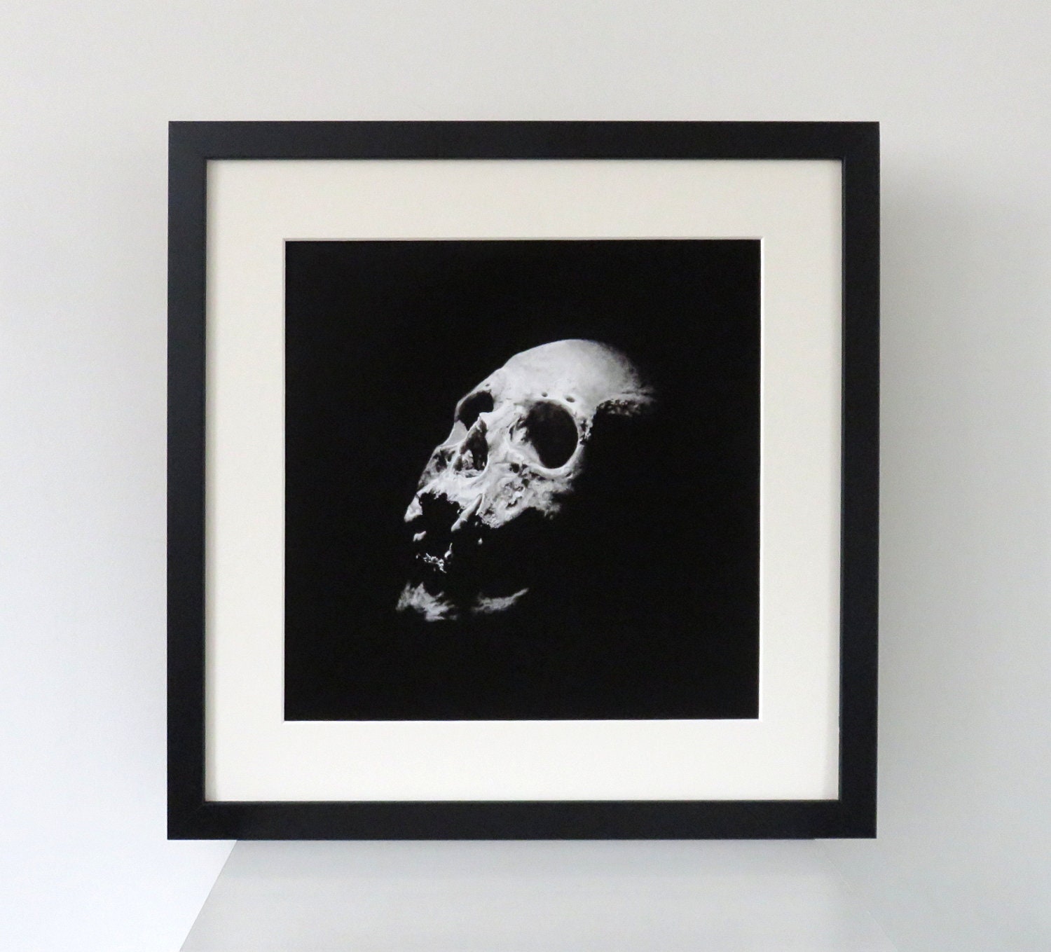 Framed Human Skull Art Print: Gothic Memento Mori, Charcoal