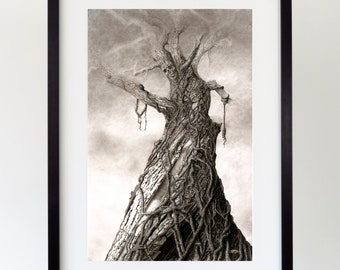 Timber giclee print, illustration. Horror art, gothic art, horror illustration, tree art, tree drawing, hanging tree, skull in tree, skull